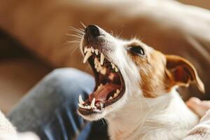 a photo of an angry Jack Russell terrier. A dog barks and bites a person. Sharp teeth in close-up. Blurred background.