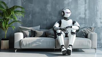 A photo of a robot sitting on the couch in the living room. Artificial intelligence.