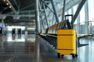 An airport. The waiting room. Yellow suitcase on wheels in the right corner, blurred background. Close-up. The concept of leisure and travel. photo
