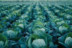 green cabbage growing in the garden. A photo with a lot of large and small cabbage heads with leaves.