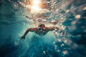 A photo of a man swimming in a pool wearing swimming glasses. A summer photo of a young man underwater in a swimming pool.