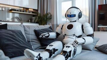 A photo of a robot sitting on the couch in the living room. Artificial intelligence.