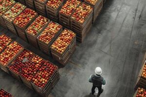 An employee in a white helmet looks at pallets of apples in the warehouse. A man keeps records of apples in boxes in a clean and modern warehouse. photo
