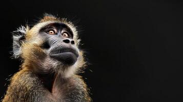 Close-up of a happy monkey on a black background. The monkey looks mysteriously into the frame. photo
