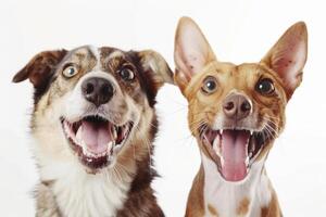 Happy dogs smile and look at the camera. Two dogs on an isolated white ackground. Don't Worry Be Happy photo