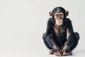 a photo of a young chimpanzee. The monkey is sitting on the floor and looking at the camera on an isolated white background.