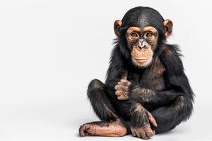 a photo of a young chimpanzee. The monkey is sitting on the floor and looking at the camera on an isolated white background.