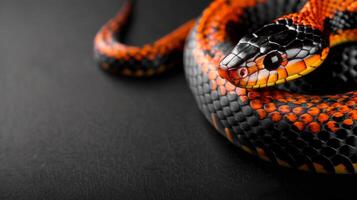 An orange and black snake on a black background. The snake as a symbol of the year 2025. A place for the text. photo