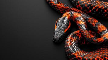 An orange and black snake on a black background. The snake as a symbol of the year 2025. A place for the text. photo