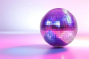 A disco ball in neon light on a white background. A disco mirror ball. A place for the text. The concept of the party. photo