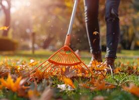 Close-up of a man raking autumn leaves with an orange plastic garden rake in a park on a sunny day against a background of green grass photo