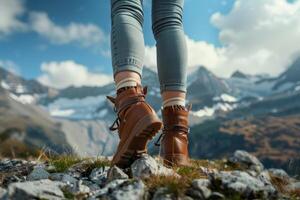 Close-up of slender legs of a young woman in hiking boots. A tourist goes hiking in the mountains. The concept of travel and a healthy lifestyle. photo