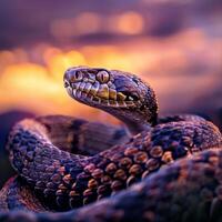 A majestic coiled snake is depicted on a bright background. photo