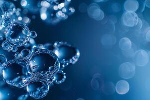 Abstract background with blue water molecules and a place for text. Abstract close-up image of crystal balls on a dark blue background photo