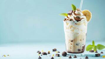 a photo of a milkshake with banana ice cream in a glass and swirls of chocolate and vanilla on top on a blue background. A place for the text.