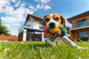 A beagle dog runs across a green lawn holding a colorful rope toy in its teeth. A beautiful puppy is happily playing in the yard. photo