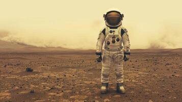 An astronaut in the desert of Mars. The concept of a research expedition on the surface of the red planet. photo