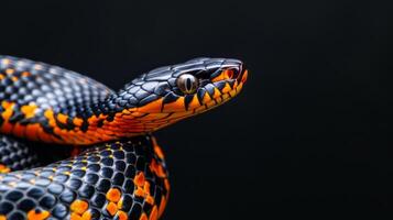 An orange and black snake on a black background. The snake as a symbol of the year 2025. A place for the text. photo