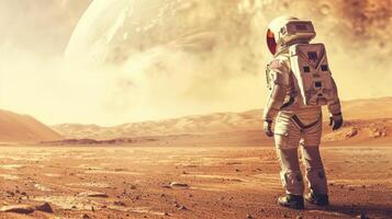 An astronaut in the desert of Mars. The concept of a research expedition on the surface of the red planet. photo