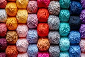 Multicolored woolen threads in close-up. Colored skeins of yarn for knitting and crocheting. Hobby and leisure concept photo
