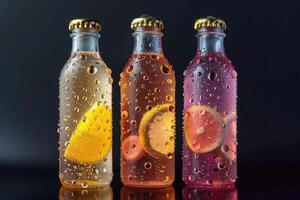 Three bottles of cold fruit water. Lemonade with large drops of condensate. Soft drinks. Summer. photo