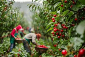 A group of people working in a cherry orchard is picking cherries. Farmers harvest delicious ripe cherries. photo