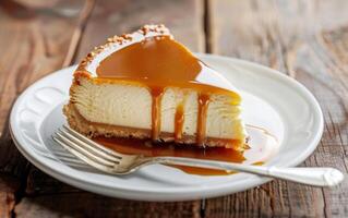New York cheesecake with caramel sauce on top. A triangular slice of delicious homemade cheesecake on a plate photo