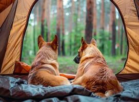 Two dogs in a tent admiring the view of the forest from camping in nature. photo