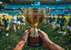group of players holding a trophy celebrates winning a competition against a blue sky background. The concept of success. A cup during a sporting event or match. photo