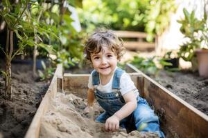 A cute little boy dressed in overalls is playing in the sandbox and smiling happily against the background of a home garden. photo
