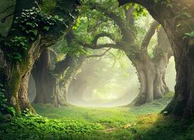 Majestic old and ancient plants in deep dark forest. Deep tropical jungles. Tree tunnel with sunlight shining through the branches. photo