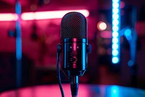 a voice and text microphone in neon light. Studio microphone on a dark background. Retro microphone. photo
