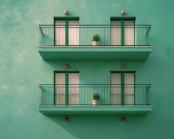 Bright green facade of old building or hotel with windows and balconies. City architecture minimalist concept. Minimal pattern building background. photo