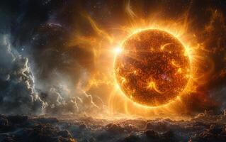 a photo of the sun with a burning surface and solar flares on a dark background.