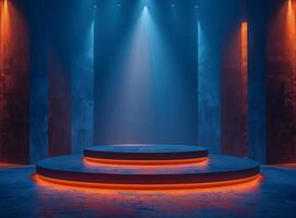 Abstract catwalk with blue lighting. The podium for the presentation of the product. Catwalk in neon light photo
