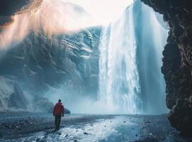 An adventurer tourist standing under a misty waterfall, rays of light breaking through water and rock photo