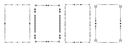 Frame set with tribal native indian arrow, ornament. Border thin line divider decoration with feather, simple motif on white background vector