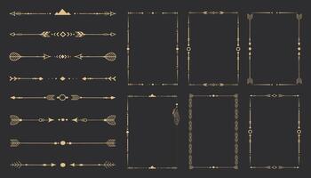 Gold frame set with tribal native indian arrow, ornament. Border thin line divider decoration with feather, simple motif. vector