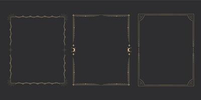 Gold celestial minimal esoteric frame, thin line border, mystyc linear decoration with dots, moon, stars corners isolated on dark background. Geometric shape, tarrot vector