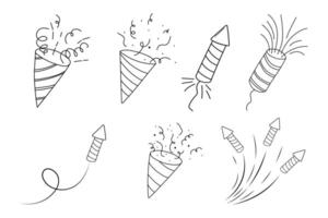 Fireworks and rocket, salute firecracker with burst, light and festive explosions in doodle style. Hand drawn sparks, firecracker on white background. Party, celebrations, event. vector