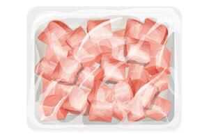 Chicken raw fillet slices in plastic tray, package with poultry in cartoon style isolated on white background. Broiler meat cubes covered vector