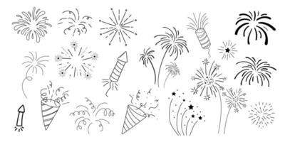 Fireworks and rocket, salute with burst, light and festive explosions in doodle style. Hand drawn sparks, firecracker on white background. Party, celebrations, event. vector