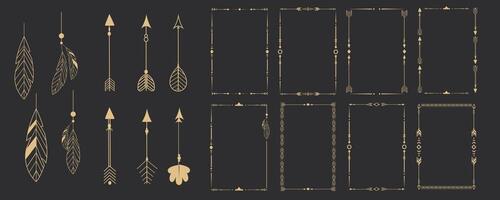 Gold frame set with tribal native indian arrow, ornament. Border thin line divider decoration with feather, simple motif. vector