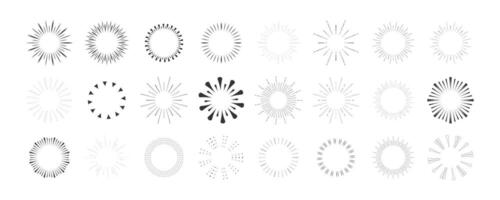 Set Fireworks, rays, sunburst frames circle border decoration, sparkle in doodle style, line sketch explosion isolated on white background. vector