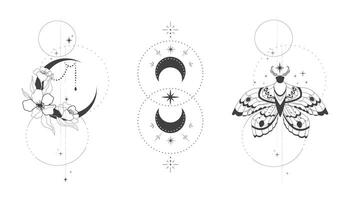 Magic mystic set moth tattoo thin line in doodle style moon and flowers tattoo, Elegant celestial isolated, boho esoteric symbol, Buterfly with stars and moon vector