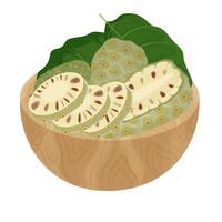 Illustration Logo Clip Art Whole and cut Noni fruit on a wooden bowl vector