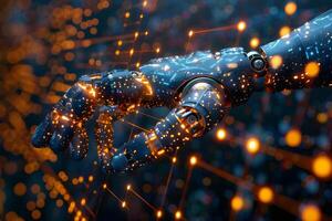 Futuristic Robotic Hand in Cyberspace with Glowing Digital Particles - AI Technology and Innovation Concept photo