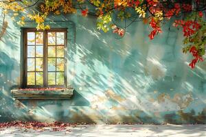 Autumn Leaves and Vintage Window with Weathered Turquoise Wall - Fall Concept for Photography, Design, Cards, Posters photo
