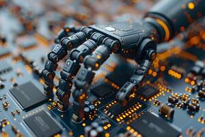 Advanced Robotic Hand Interacting with Circuit Board - Futuristic Technology, AI Integration Concept for Design, Ad and Poster Use photo