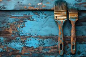 Rustic Aesthetic with Weathered Paintbrushes and Peeling Blue Paint on Wooden Surface for Vintage Interior Design photo